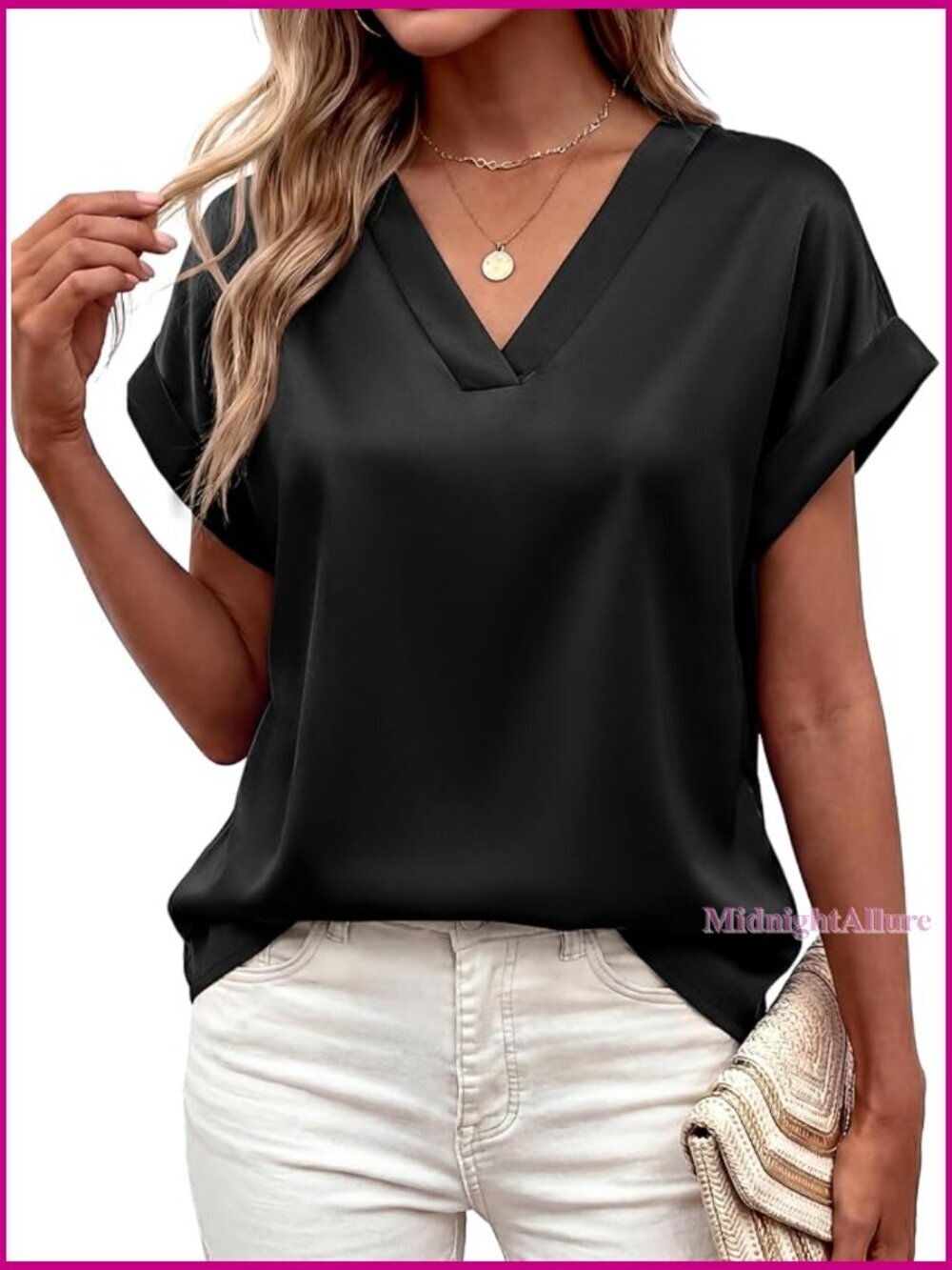 Satin V-Neck Blouse Short Sleeve Loose Fit Business Casual Top
